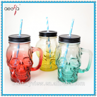 2016 new style skull shaped glass mason jar with screw lid and straw